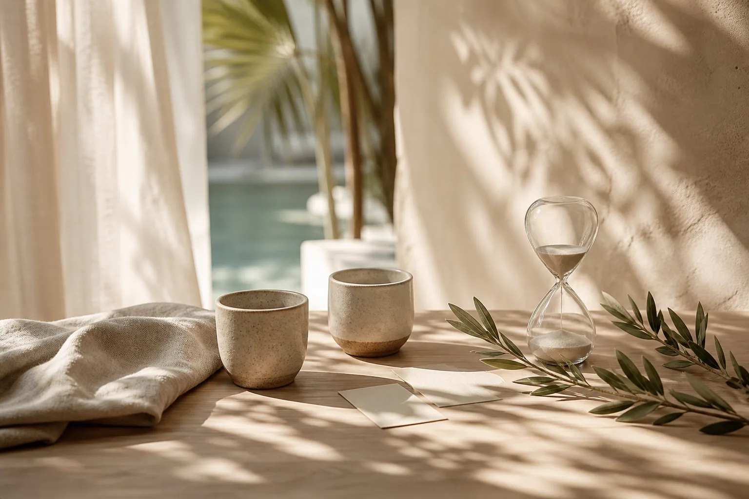 Two ceramic cups, two blank reflection cards, an olive branch, and a sand timer in warm daylight